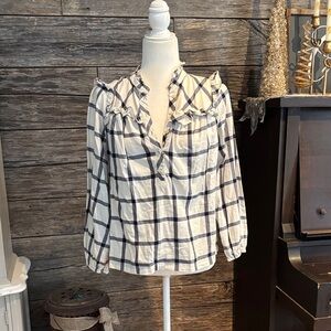J. Crew Navy and White Checkered Ruffle Blouse
